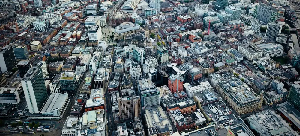 Manchester city centre from above: the Town Hall, the streets around Albert Square and the towers of Deansgate